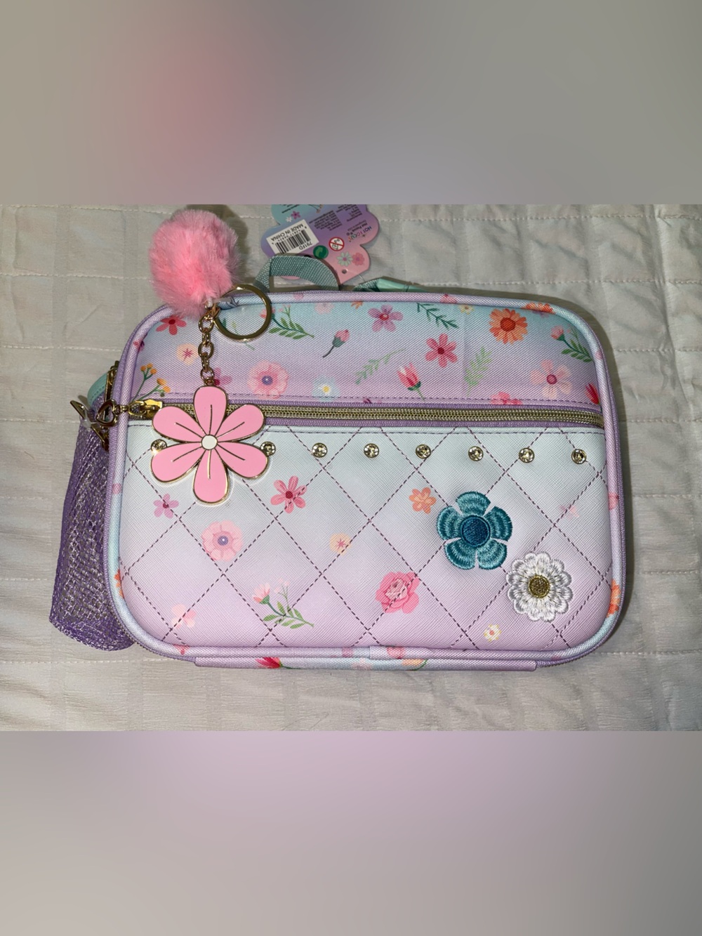 Kids Floral Quilted Pink Lunch Bag with Pom Charm Keychain